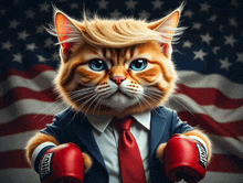 a cat in a suit and tie is wearing boxing gloves that say ' fair ' on them