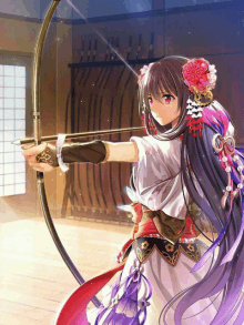 a girl is holding a bow and arrow in her hand