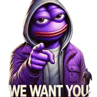 a purple frog wearing a hoodie pointing at the camera with the words we want you below him