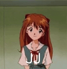 a girl in a school uniform is standing in front of a green wall with the word jj on it .