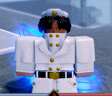 a cartoon character wearing a white uniform with gold buttons and a gold belt