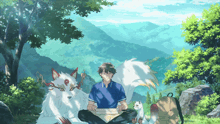 a man sits on the ground with a fox and a fox behind him