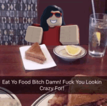 a roblox character is sitting at a table with food