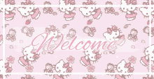 a pink hello kitty background with the words welcome written on it