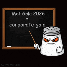 a salt shaker is holding a pointer in front of a blackboard that says met gala 2026 = corporate gala
