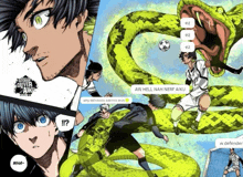 a soccer player is being attacked by a snake while another player watches