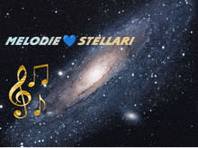 a picture of a galaxy with melodie stellari written on the bottom