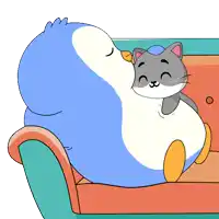 a penguin and a cat laying on a couch