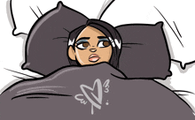 a cartoon drawing of a woman laying under a blanket