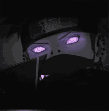 a close up of a person 's face with purple eyes and a mask .