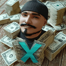 a man with a beard and mustache is surrounded by stacks of money with an x in the middle