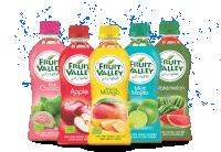 five bottles of fruit valley juice are lined up