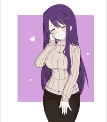 a drawing of a girl with purple hair wearing a white sweater