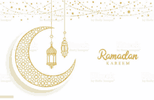 it is a greeting card for ramadan kareem with a crescent moon and lanterns hanging from it .