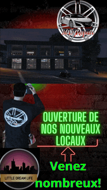 a man taking a picture of a building with the words " ouverture de nos nouveaux locaux " on it