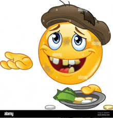 a cartoon smiley face is wearing a hat and holding a plate of food .