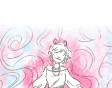 a drawing of a girl with horns on her head surrounded by pink and blue swirls