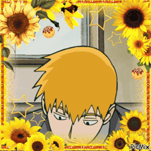 a picture of a man surrounded by sunflowers with a picmix watermark