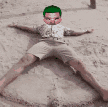 a person with a pink face and green hair is laying on the sand