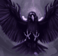 a painting of a black bird with purple feathers