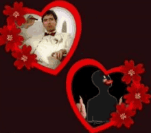 a man in a tuxedo is holding a knife in a heart shaped frame .