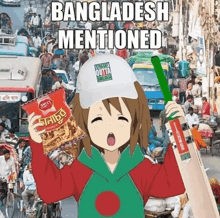 a cartoon of a girl holding a cricket bat and a bag of chips with the caption bangladesh mentioned