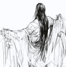 a black and white drawing of a person with very long hair