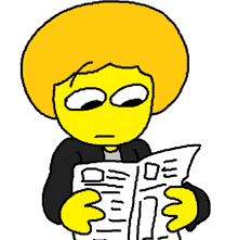 a yellow cartoon character is reading a book