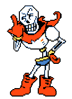 a pixel art drawing of papyrus from undertale wearing red boots and a scarf .