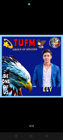 a poster for the tuffm group of singers shows a man in a blue jacket