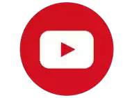 a red circle with a white youtube logo inside