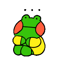 a green frog with red ears and yellow arms is sitting down