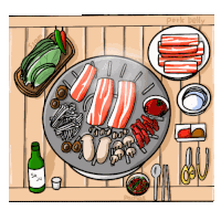 a drawing of a plate of food with a bottle of soju on the table