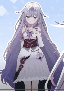 a drawing of a girl with long purple hair and a white dress