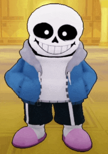 a cartoon character named sans is smiling and standing with his hands in his pockets