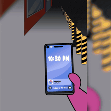 a pink cartoon character is holding a blue phone