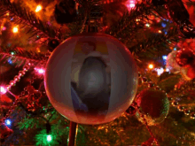 a christmas tree with a beach ball with a picture of a man on it