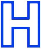 a blue letter h with a white outline on a white background .