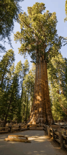 a large tree with a sign that says general sherman in front of it