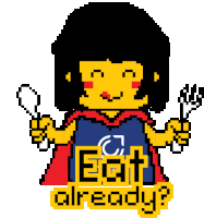 a pixel art of a girl holding a fork and spoon with the words " eat already " underneath her