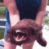 a woman is holding a stuffed animal with its mouth wide open
