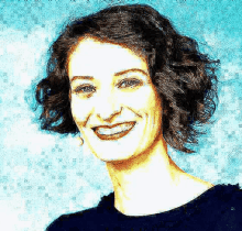 a woman with short curly hair is smiling and wearing a blue shirt