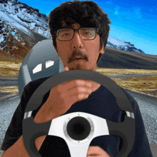a man with glasses and a mustache is holding a steering wheel on a road