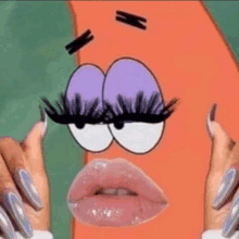 patrick star from spongebob squarepants is wearing fake eyelashes and lipstick .