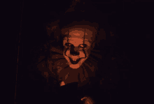 a creepy clown with blood on his face is looking at the camera