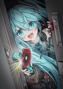 a girl with blue hair and blue eyes is holding a flashlight in her hand