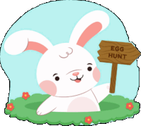 a cartoon bunny is holding a sign that says egg hunt