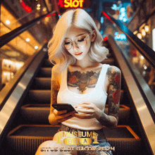 a woman is sitting on an escalator looking at her phone