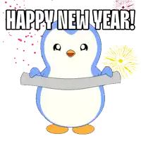 a penguin is holding a banner that says happy new year
