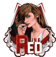 an illustration of a woman smoking a cigarette with the letters rp line red behind her